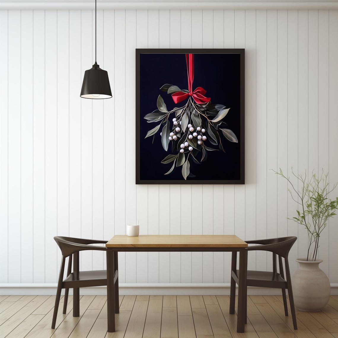 Mistletoe With Red Ribbon On Dark Background Holiday Wall Art - Image 3