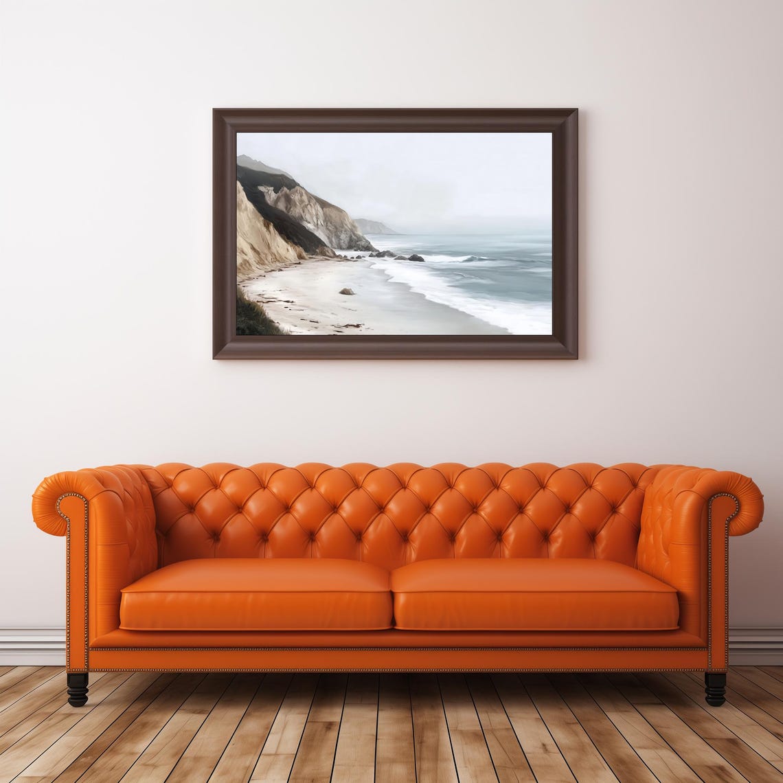 Misty Coastal Beach Cliffs Painting Foggy Ocean Waves Serene Wall Art - Image 2