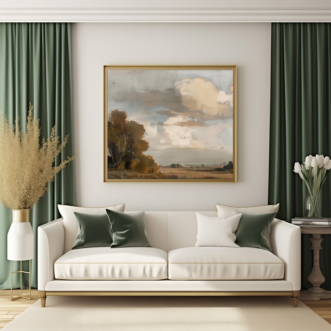 Rustic Autumn Field Landscape Painting Warm Tones Big Clouds Wall Art - Image 3