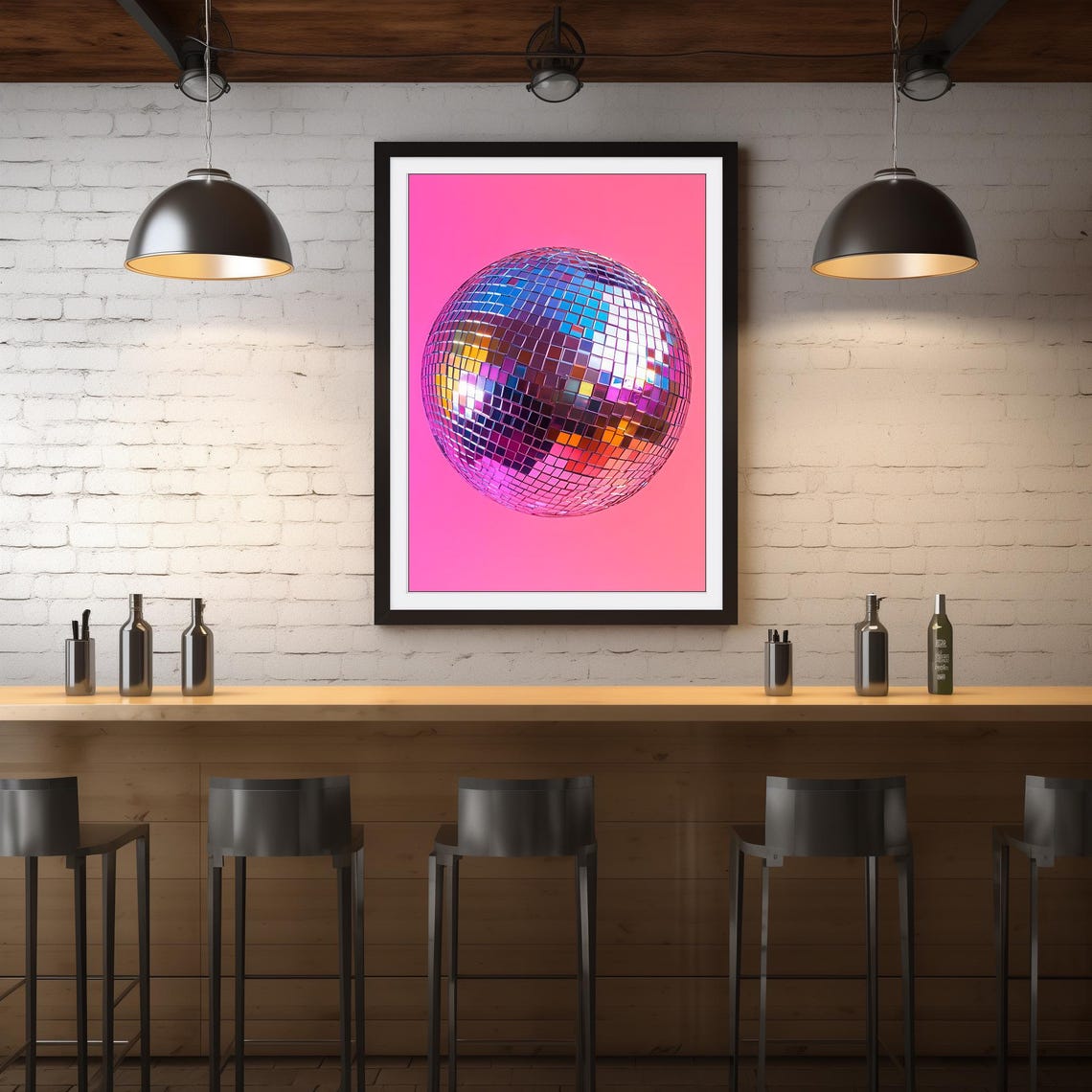 Silver Disco Ball On Bright Pink Background Trendy Party Art Poster - Image 4