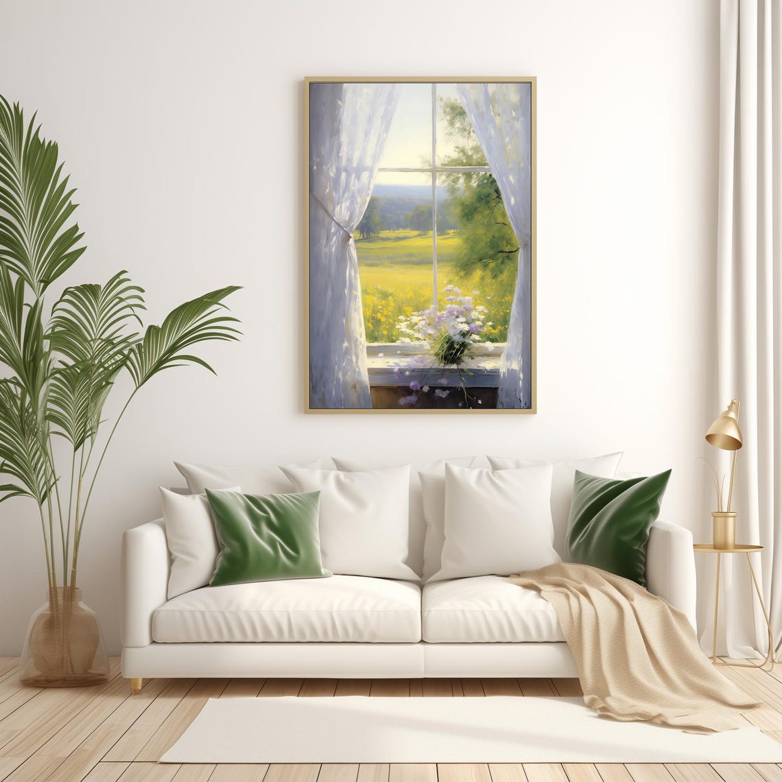 Sunlit Open Window Sheer Curtains Green Meadow View Vintage Art Print - Image 4