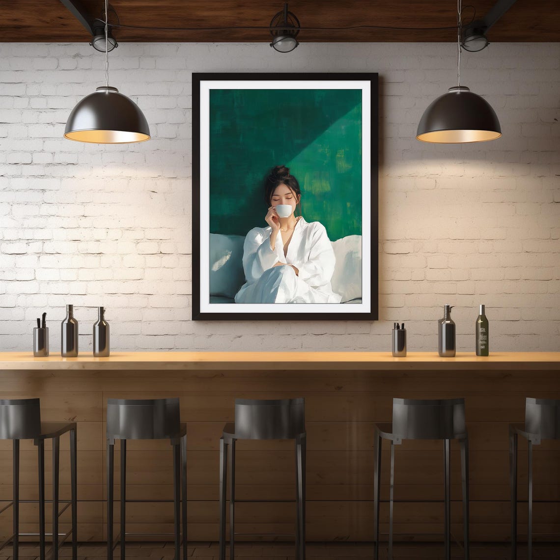 Woman Drinking Coffee In Morning Light Emerald Green Art Poster - Image 4