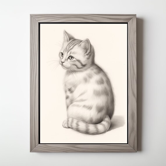 Vintage Kitten Pencil Sketch Print Cute Tabby Cat Drawing Nursery Wall Art