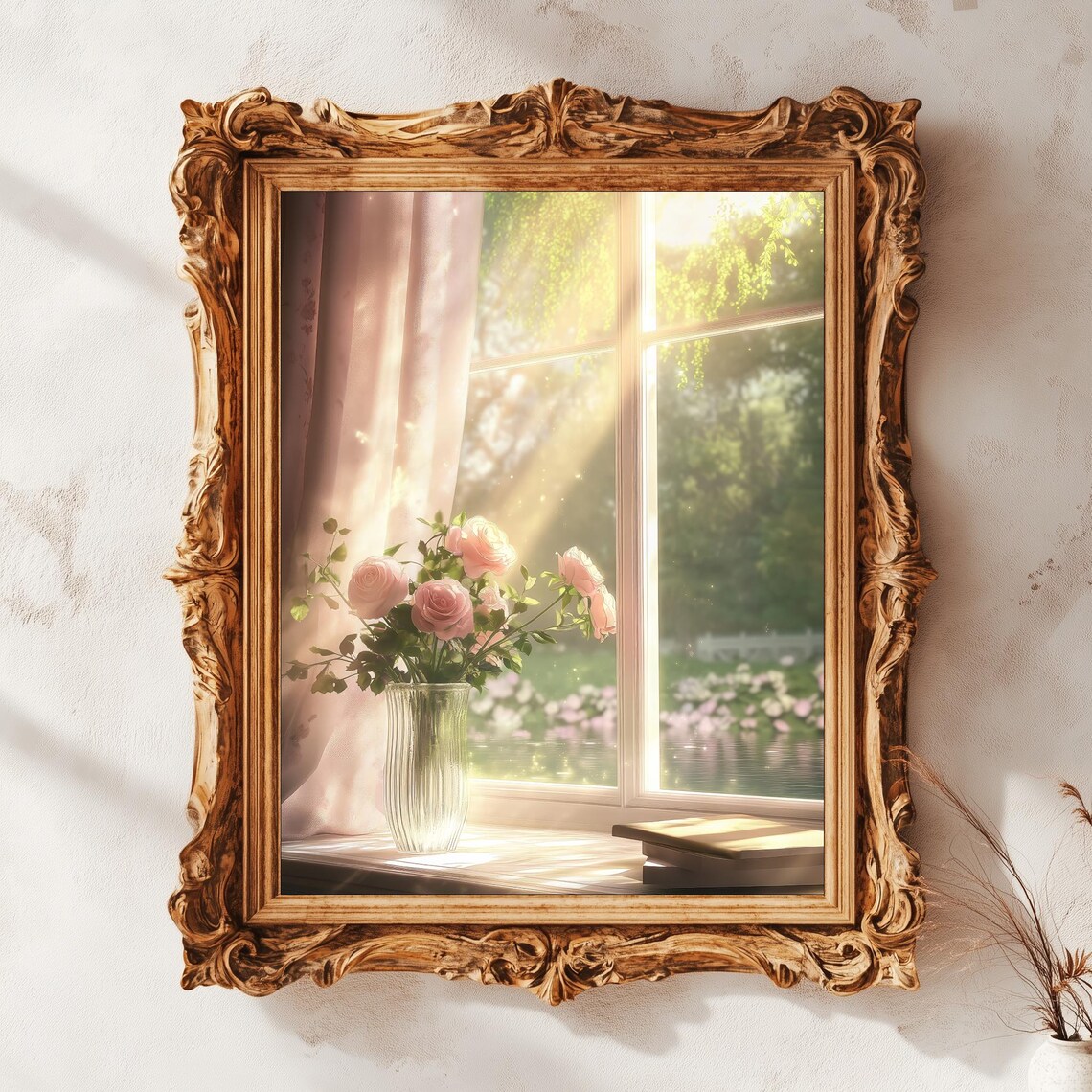 Pink Roses Sunny Window Garden View Dreamy Cottage Floral Oil Poster