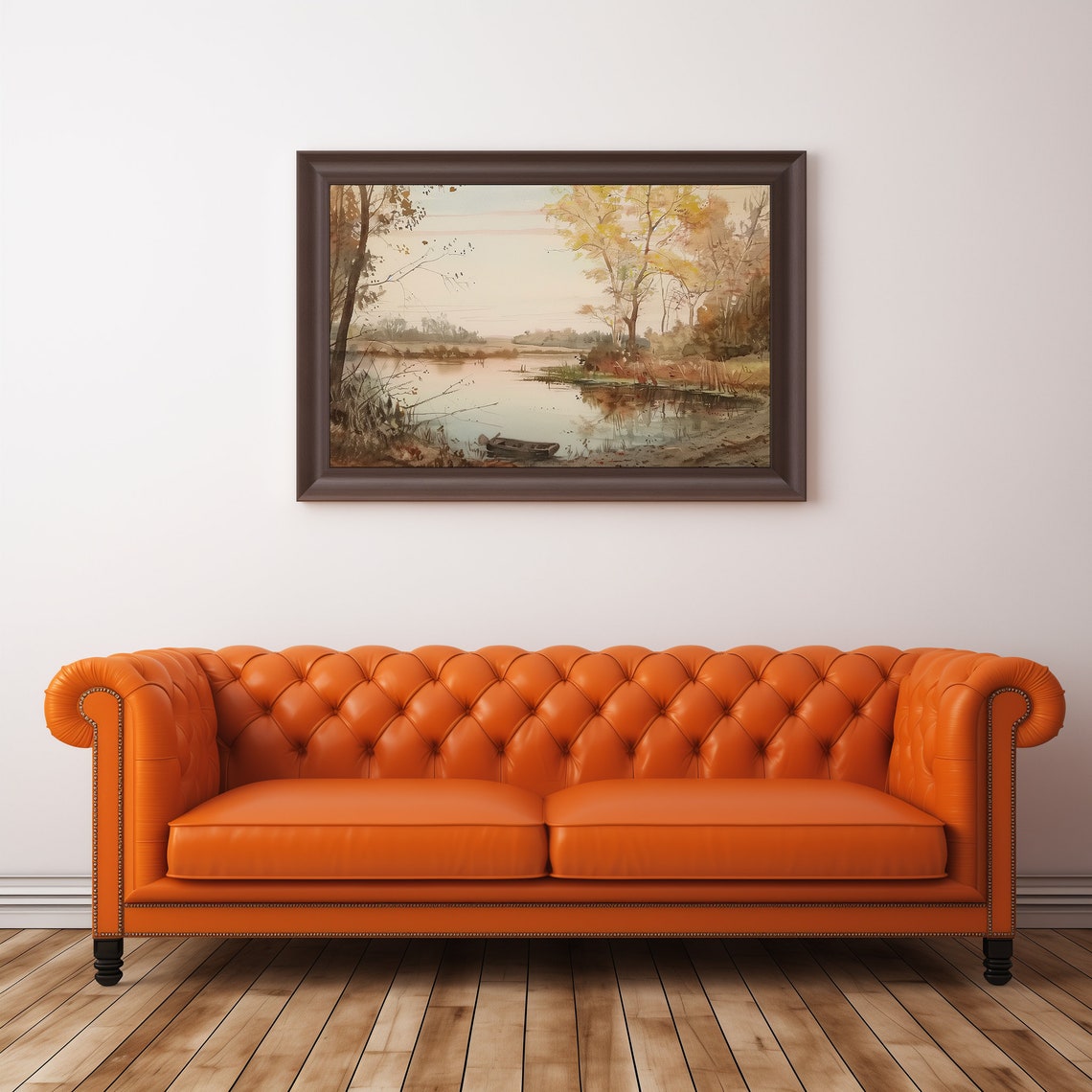 Muted Autumn Pond Watercolor Rowboat Birch Trees Serene Fall Poster - Image 4