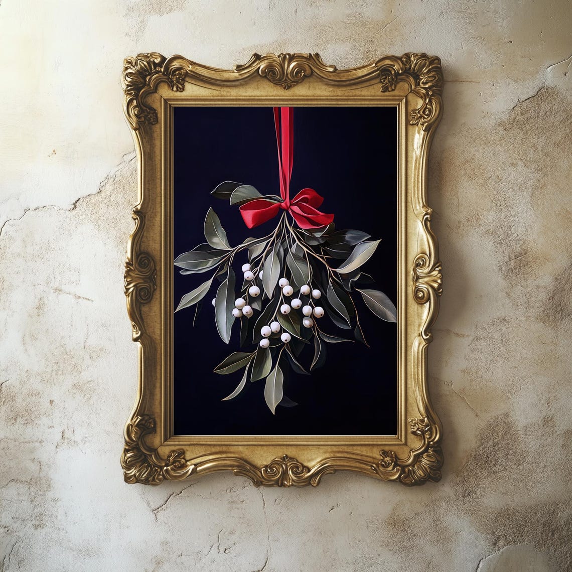 Mistletoe With Red Ribbon On Dark Background Holiday Wall Art