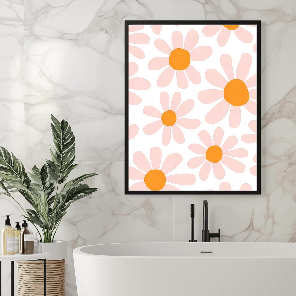 Retro Groovy Pink Daisy Pattern Boho Floral Minimal Wall Art Poster - Image 3
