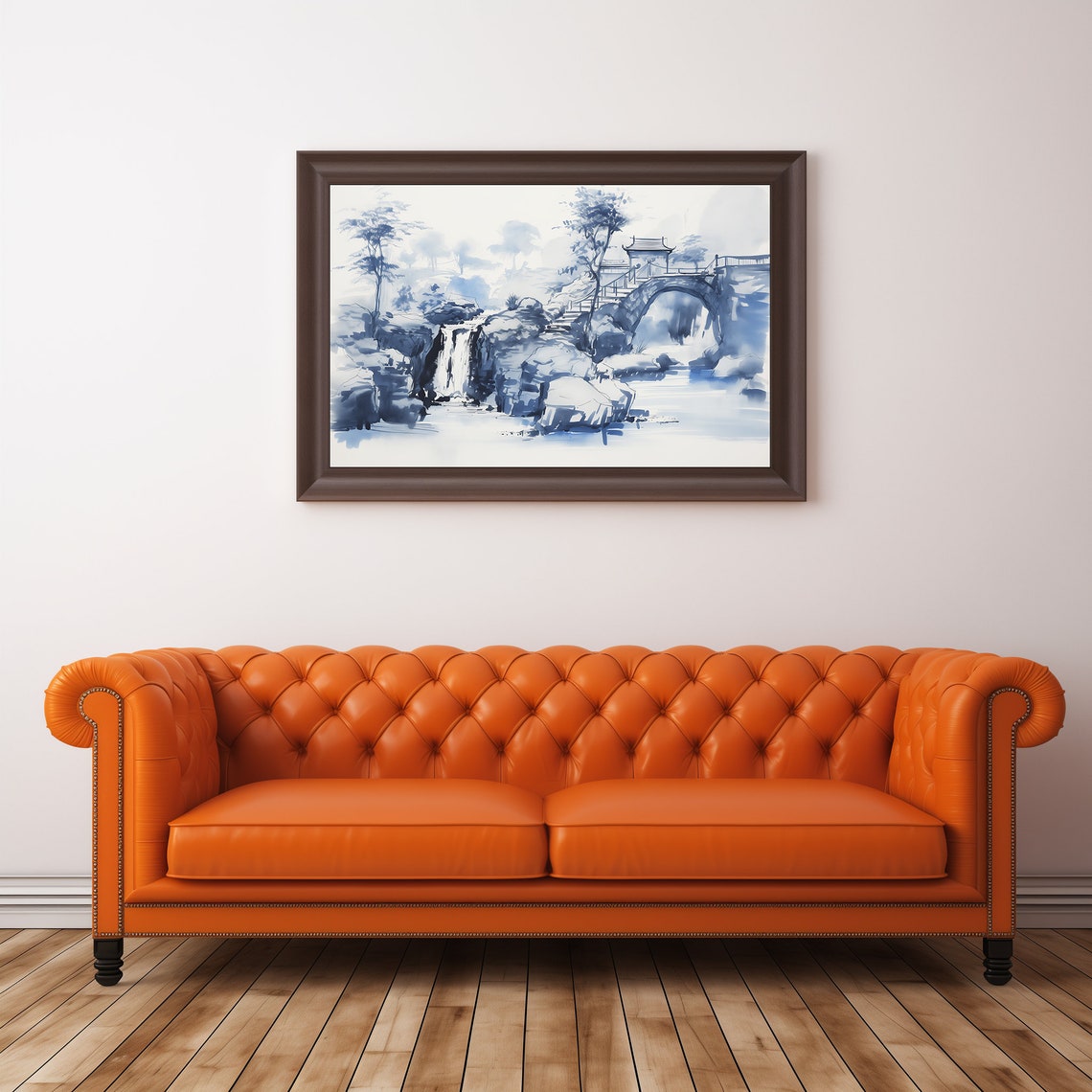 Blue Willow Waterfall Stone Bridge Chinoiserie Ink Wash Wall Poster - Image 4