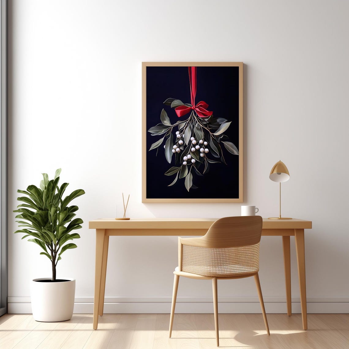 Mistletoe With Red Ribbon On Dark Background Holiday Wall Art - Image 2