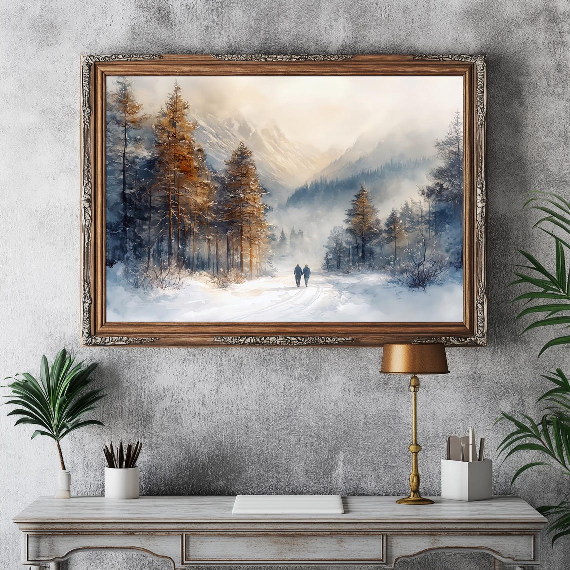 Snowy Winter Forest Path Misty Mountain Watercolor Travel Poster - Image 4