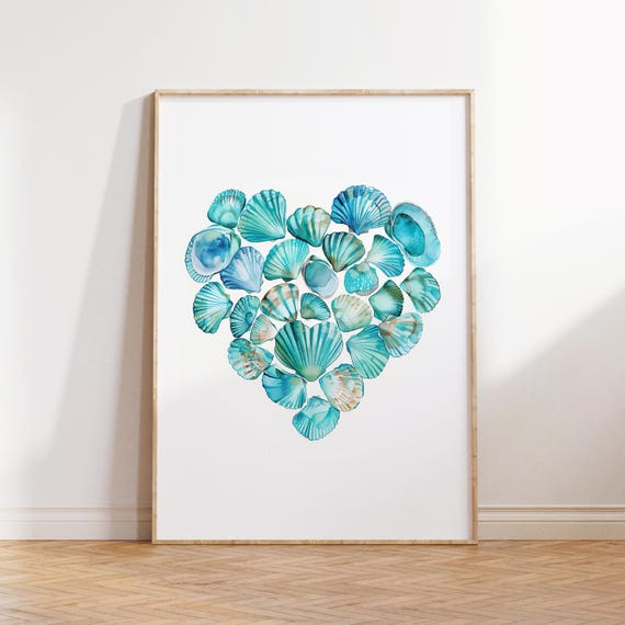 Blue Seashells Heart Coastal Wall Art Cute Boho Summer Poster Seashell Print Trendy