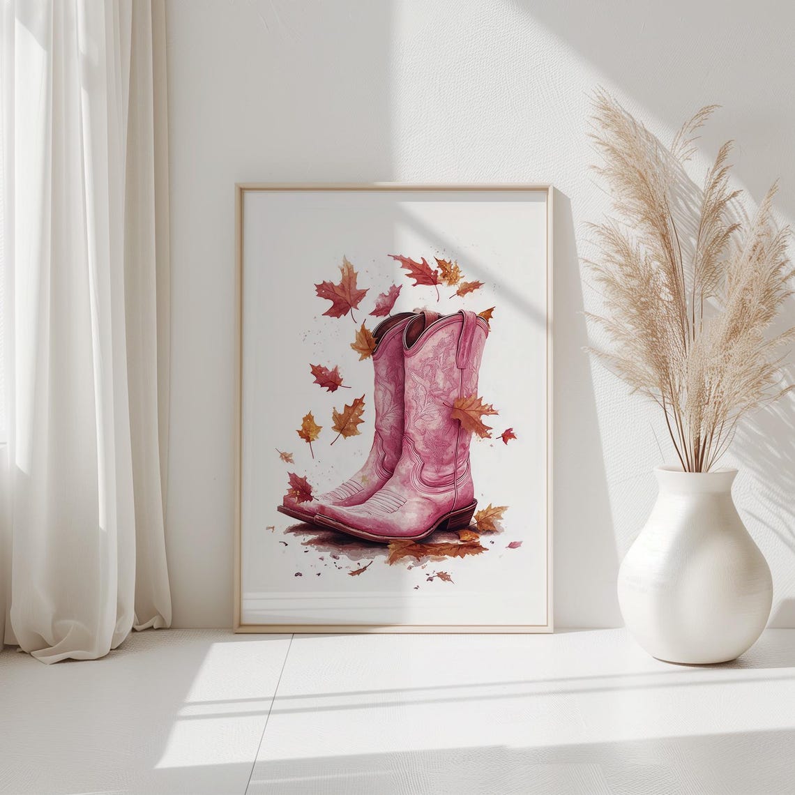 Pink Cowboy Boots Autumn Leaves Watercolor Western Home Wall Art