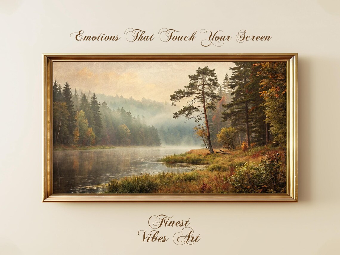 Misty Forest River Poster Foggy Pine Lake Landscape Painting Art
