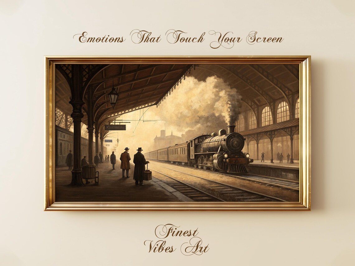 Vintage Steam Train Railway Station Sepia Locomotive Painting Poster