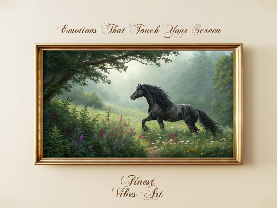 Black Stallion Galloping Misty Wildflower Meadow Horse Poster