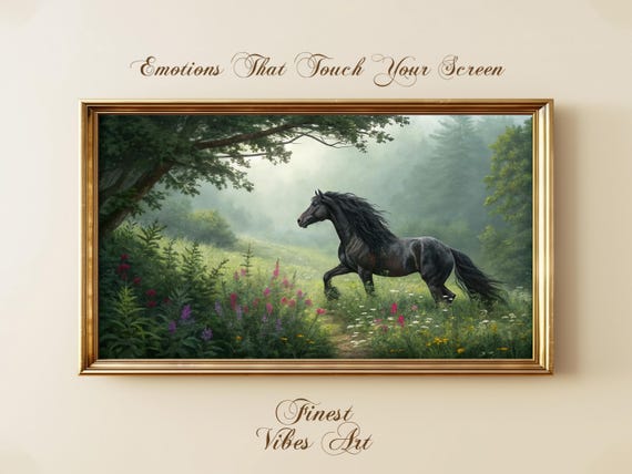 Black Stallion Frame Tv Art Misty Forest Landscape 3840x2160px Jpeg File