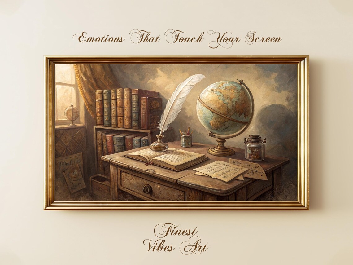 Vintage Study Room Antique Globe Books Quill Painting Art Print