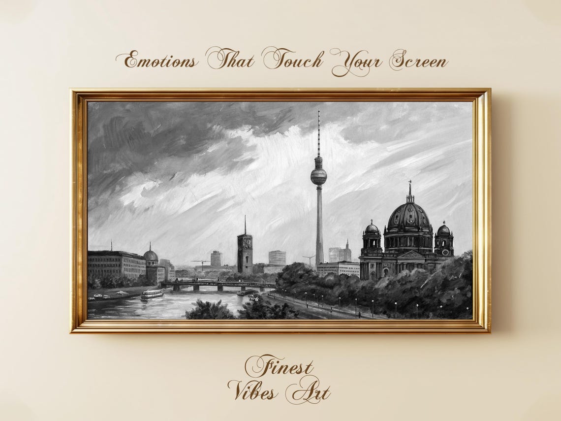 Black And White Berlin Cityscape Skyline River View Art Europe Architecture