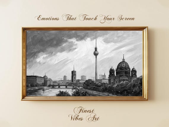 Black And White Berlin Cityscape Skyline River View Art Europe Architecture