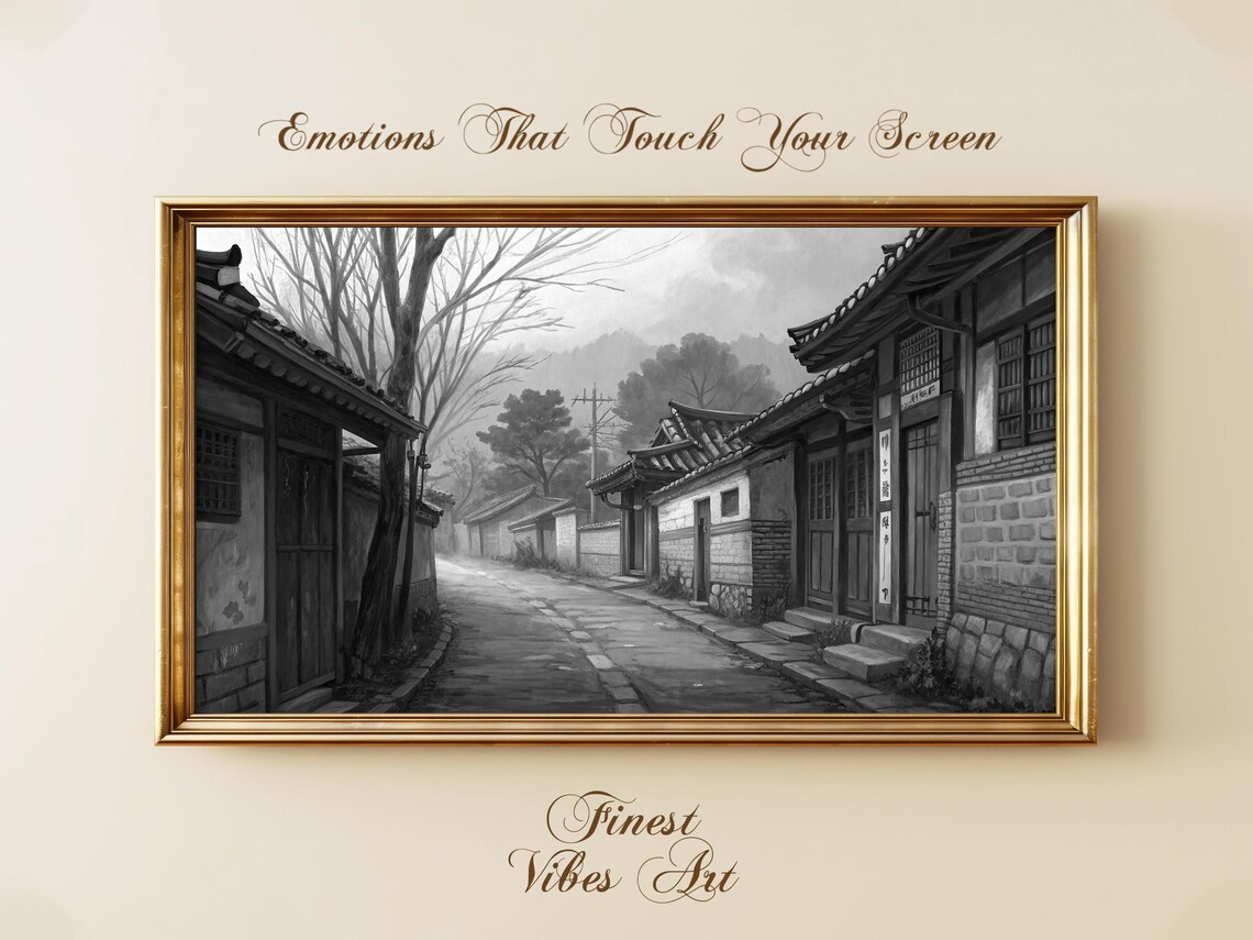 Korean Hanok Street Black And White Vintage Alley Painting Art Poster