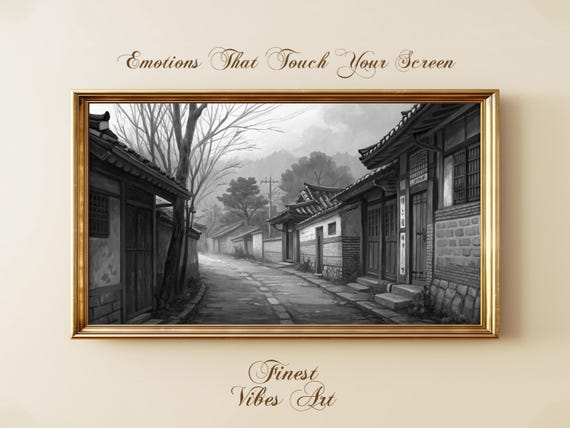 Korean Hanok Street Black And White Art Moody Vintage Alley Landscape Samsung Frame Tv