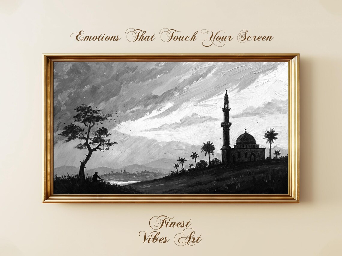 Black and White Mosque Minaret Desert Landscape Painting Art Print
