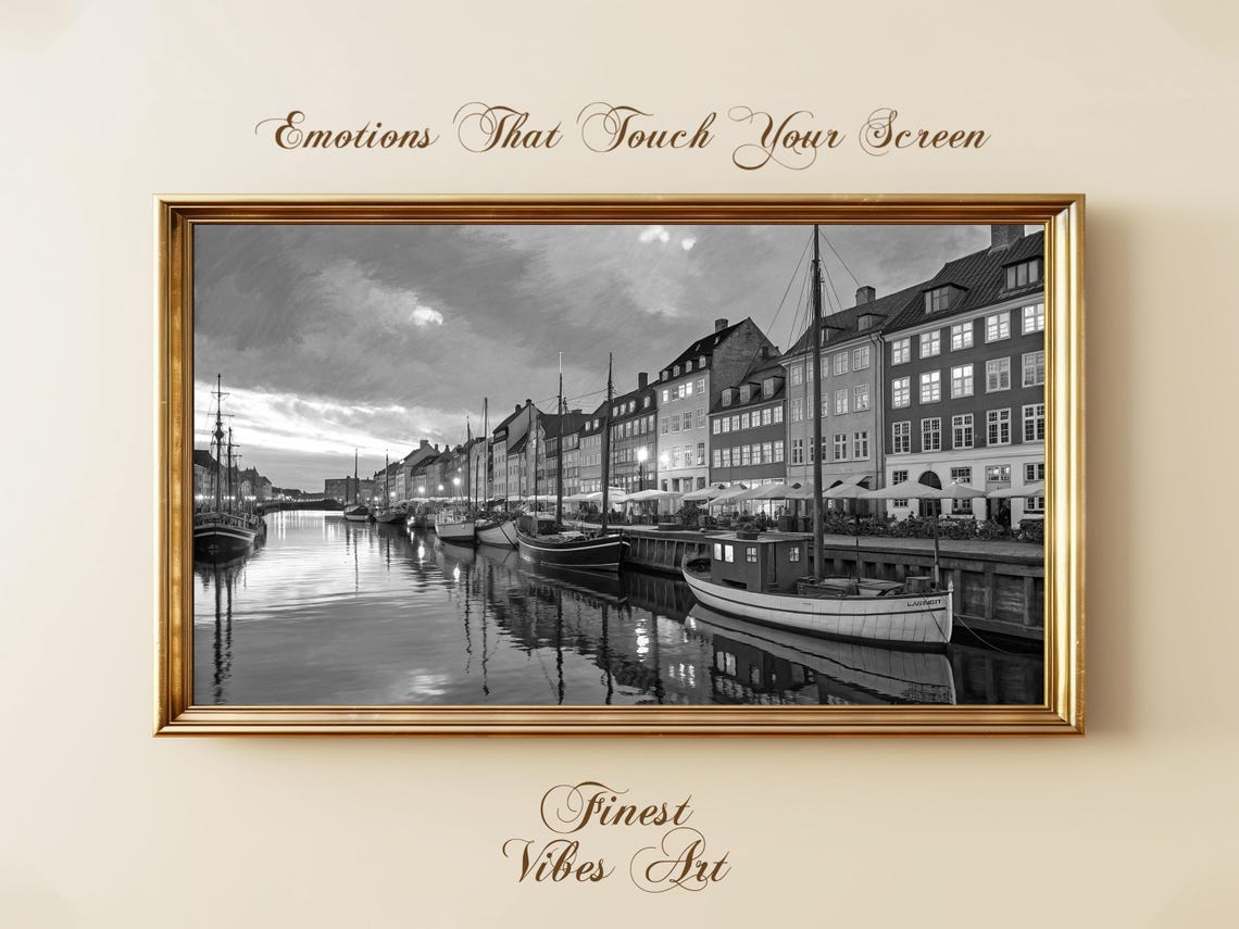 Black And White Harbor Cityscape Nordic Waterfront Boats Canal Night Scene Copenhagen Style