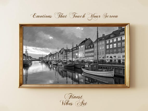Black And White Harbor Cityscape Nordic Waterfront Boats Canal Night Scene Copenhagen Style