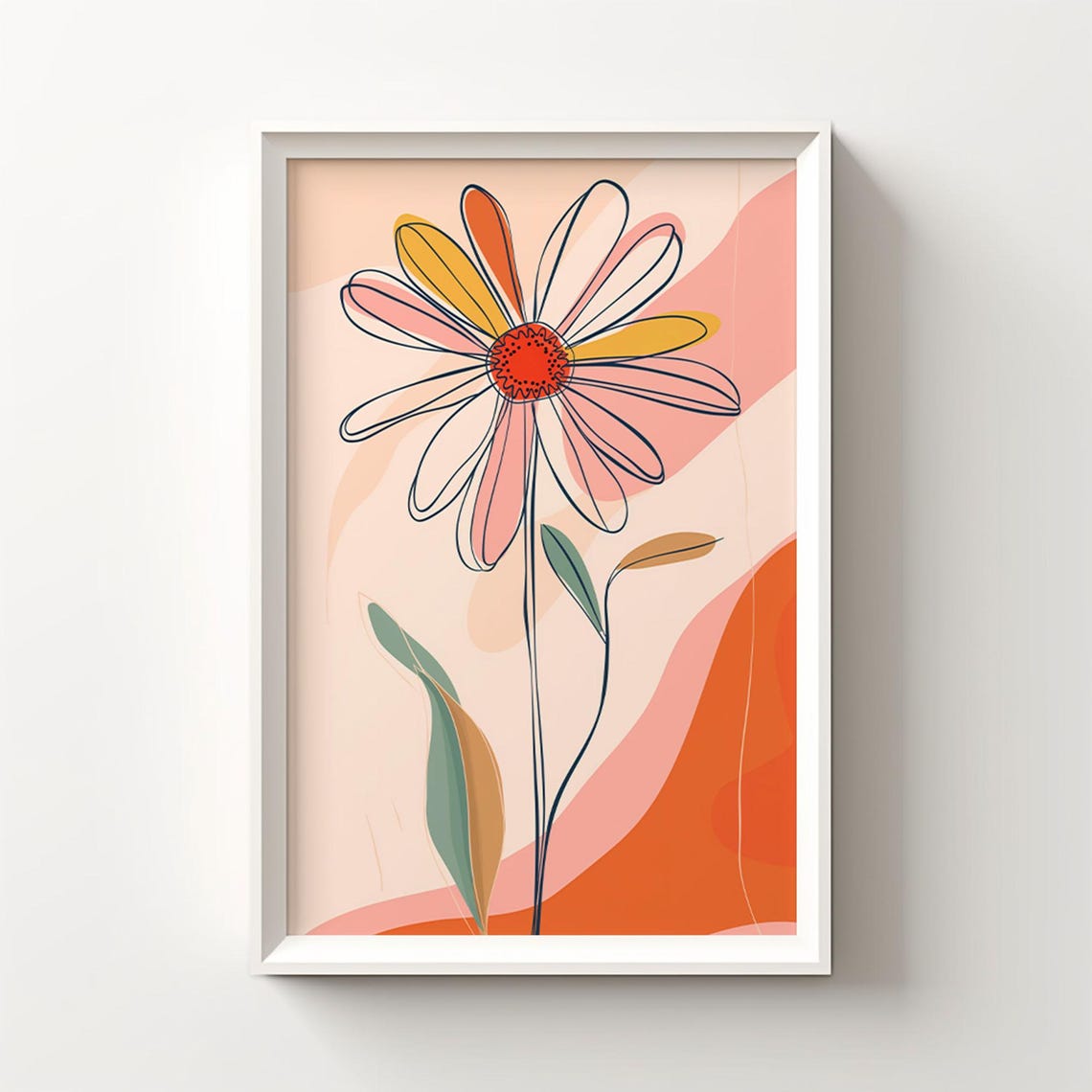 Retro Line Art Daisy in Pink and Peach Modern Boho Poster Art