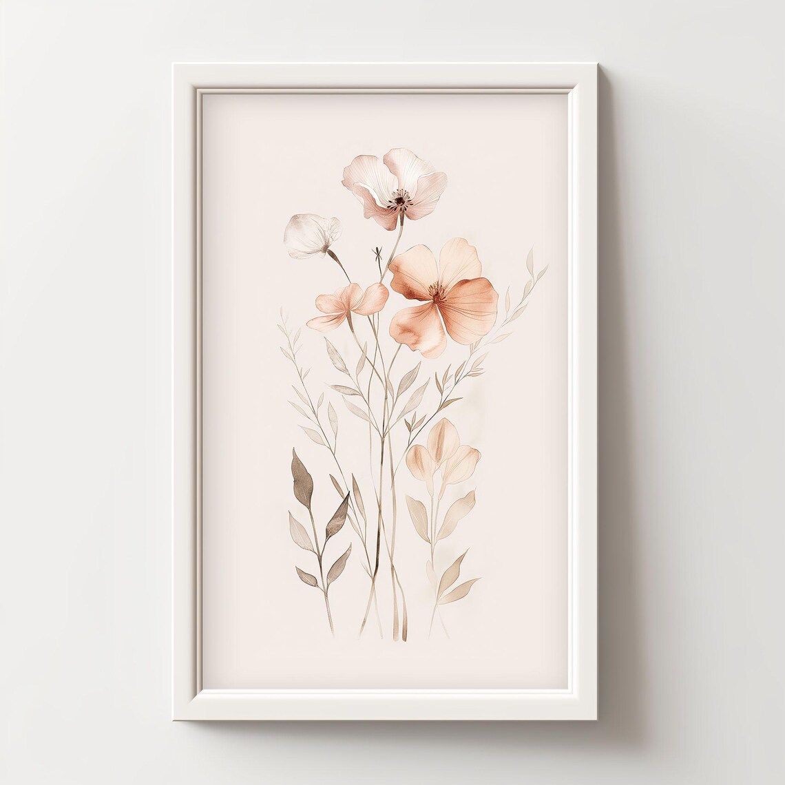 Soft Blush Watercolor Wildflower Stems Delicate Botanical Wall Art