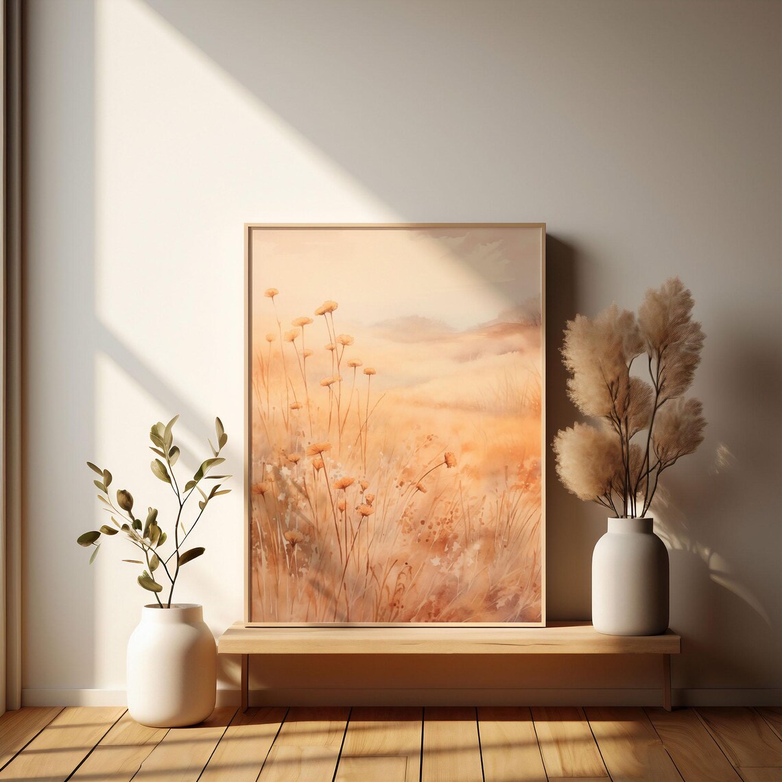 Amber Wildflower Field Misty Watercolor Rolling Hills Poster Art