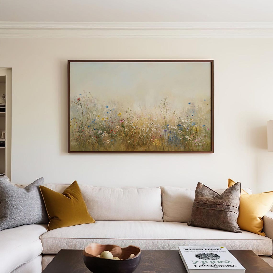Misty Neutral Wildflower Meadow Soft Tones Calm Landscape Poster