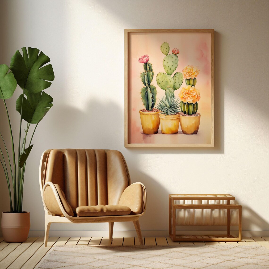 Trio Of Potted Cacti With Blooming Flowers Watercolor Poster