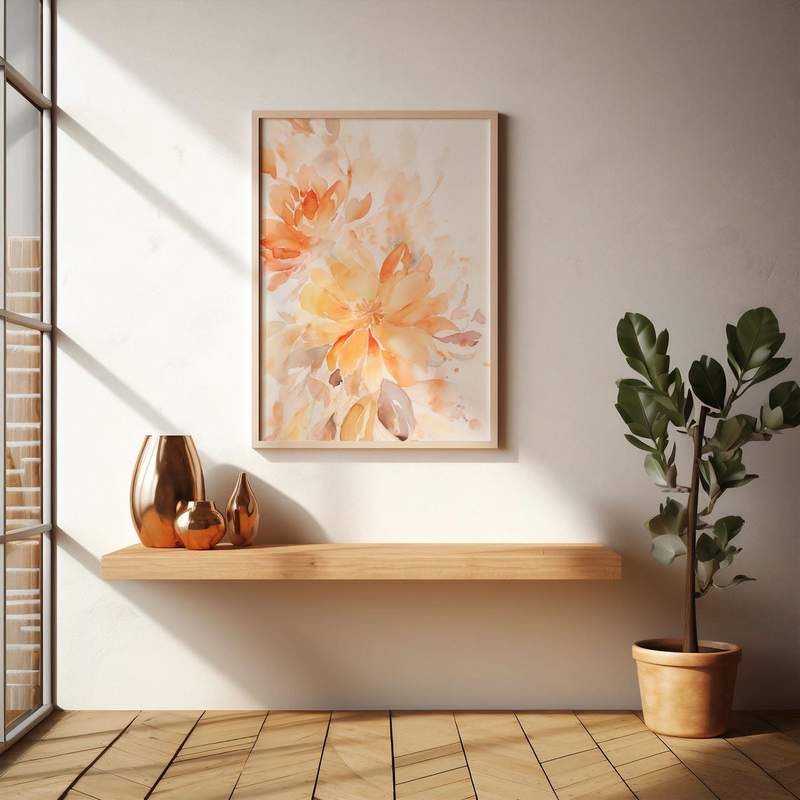 Peach Orange Watercolor Peony Blossoms Romantic Soft Floral Wall Art