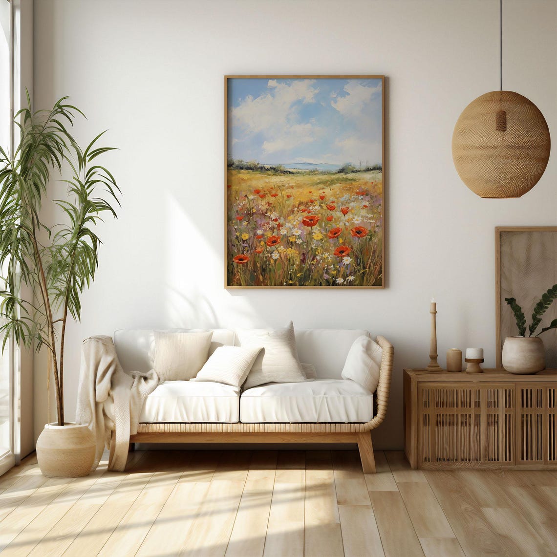 Sunny Poppy Wildflower Field Under Blue Sky Impressionist Poster
