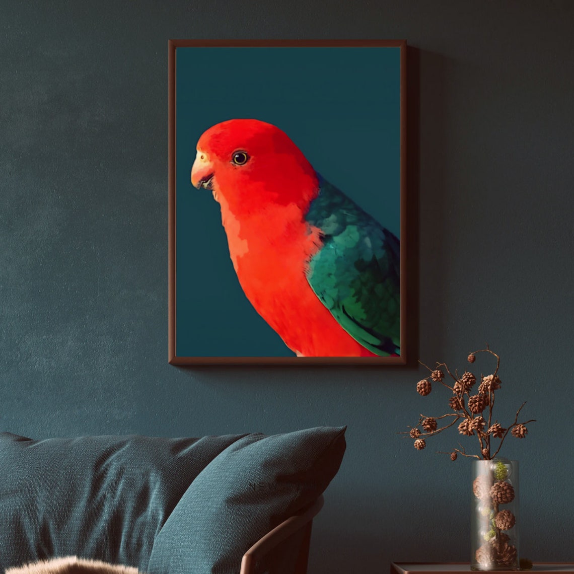 Vibrant Scarlet King Parrot Portrait on Deep Teal Background Poster