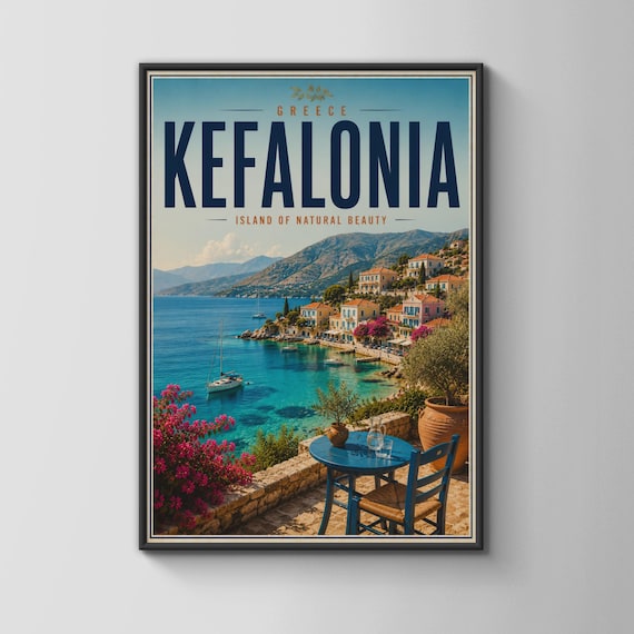 Kefalonia Greece Island Harbor Blue Bay Vintage Travel Poster
