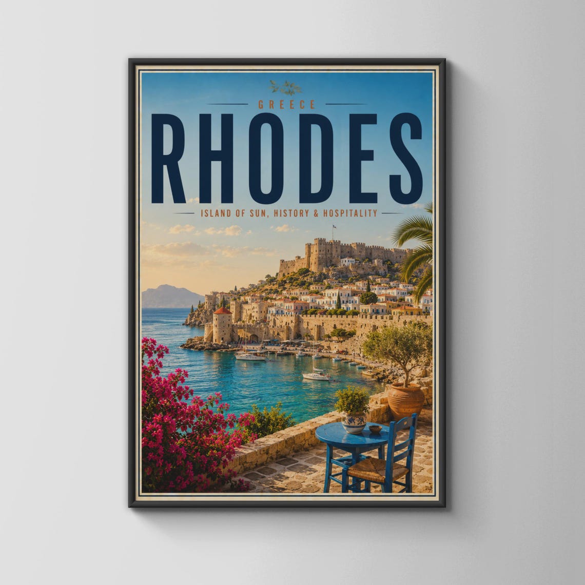 Rhodes Greece Historic Medieval Harbor Sunset Vintage Travel Poster
