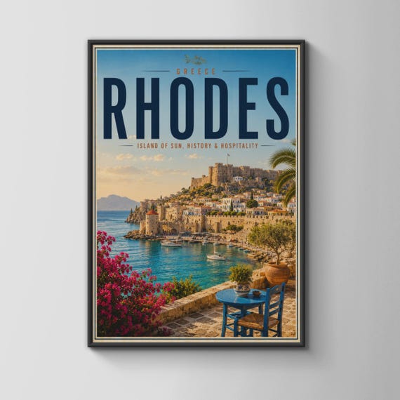 Rhodes Greece Vintage Travel Poster Island Of Sun History Hospitality Coastal Wall Art