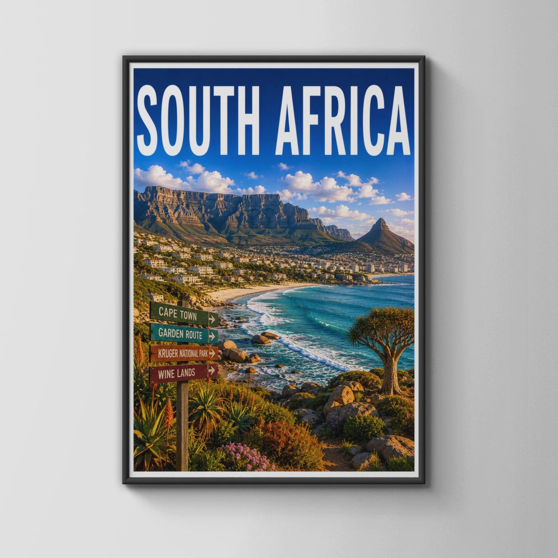 South Africa Cape Town Table Mountain Coastal Ocean Travel Poster