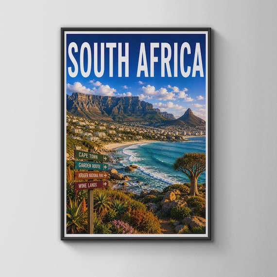 South Africa Cape Town Table Mountain Coastal Ocean Travel Poster