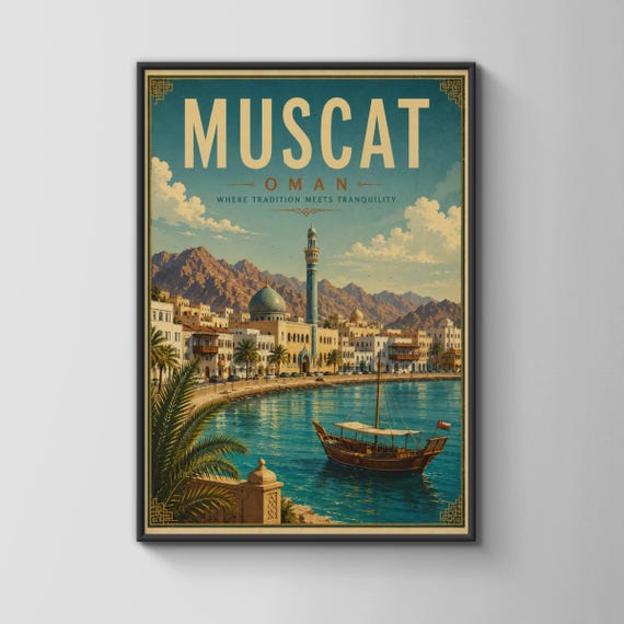 Muscat Oman Vintage Travel Poster Middle East Wall Art Dhow Boat Print