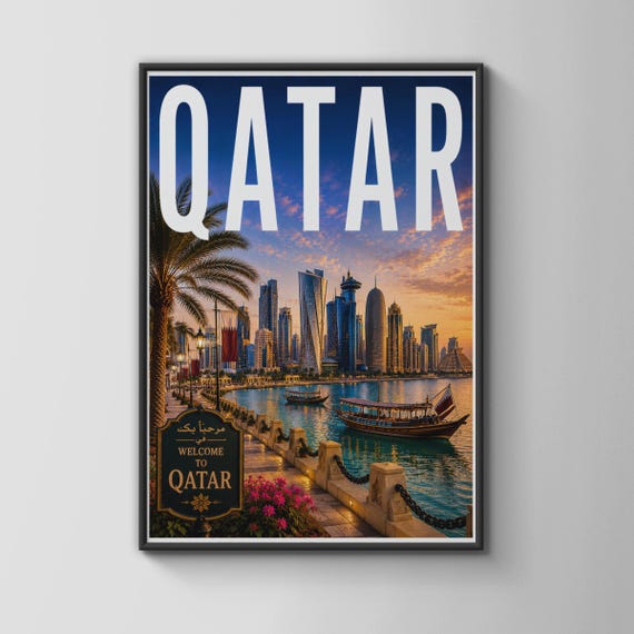 Qatar Travel Poster Doha Skyline Wall Art Corniche Dhow Sunset Print Middle East Decor