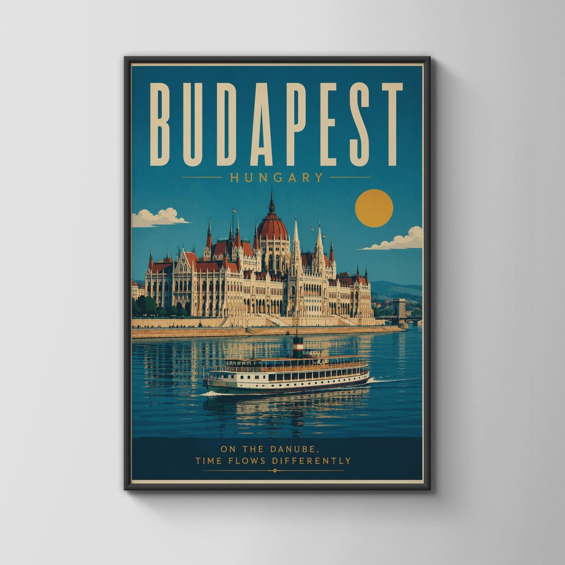 Budapest Hungary Vintage Travel Poster with Danube River Parliament View