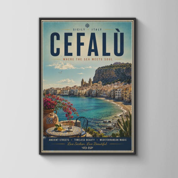 Cefalu Italy Vintage Travel Poster Sicilian Coastal Art Mediterranean Wall Decor