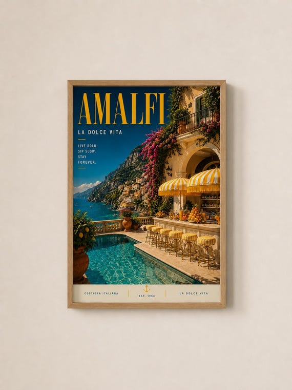 Amalfi Coast Travel Poster La Dolce Vita Italian Villa Wall Art Mediterranean Decor