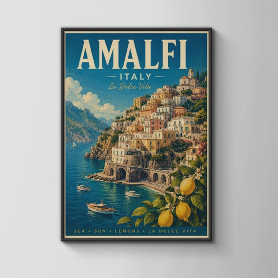 Amalfi Coast Italy Vintage Travel Poster Italian Coastal Wall Art Print La Dolce Vita