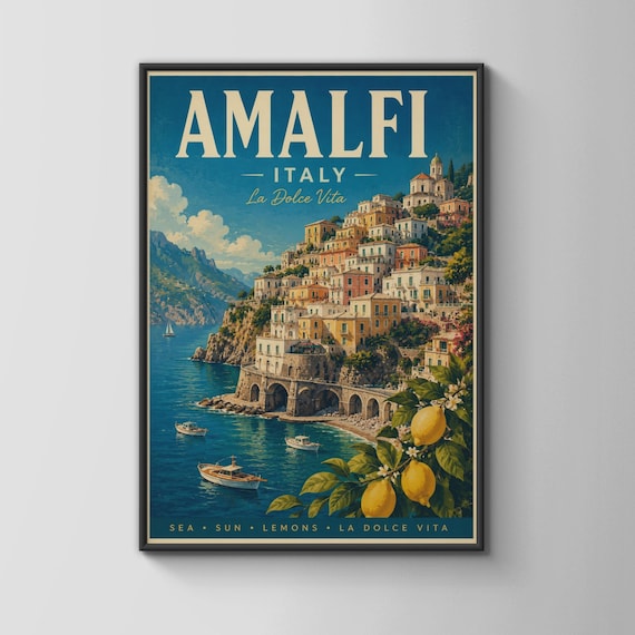 Amalfi Italy Coastal Town Vintage Travel Art Scene Style Poster