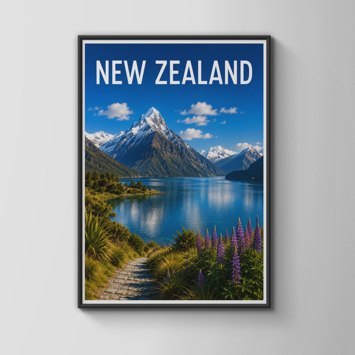 New Zealand Travel Poster, Mountain Lake Landscape