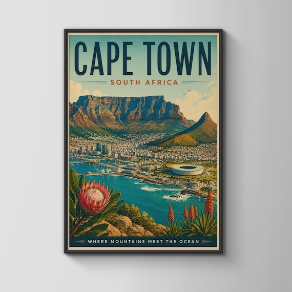 Cape Town South Africa Vintage Travel Mountain Harbor Scene Poster